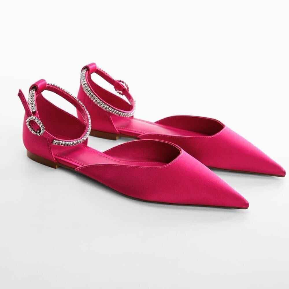 MANGO Fuchsia Satin Rhinestone Pointed Toe Flats NWT Barbiecore Shoes - Picture 16 of 16